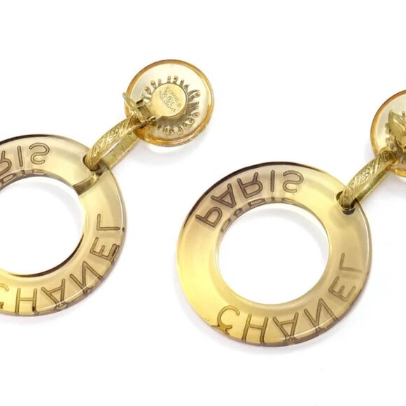 CHANEL Sun Motif Huge Lucite Hoop Dangle Earrings Gold Tone 95C w/Box USED x1130 - Picture 3 of 6